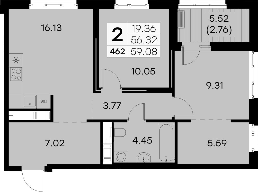 2-комнатная квартира 59.08 м², 7/8 эт., ЖК «Glorax City Балтийская»